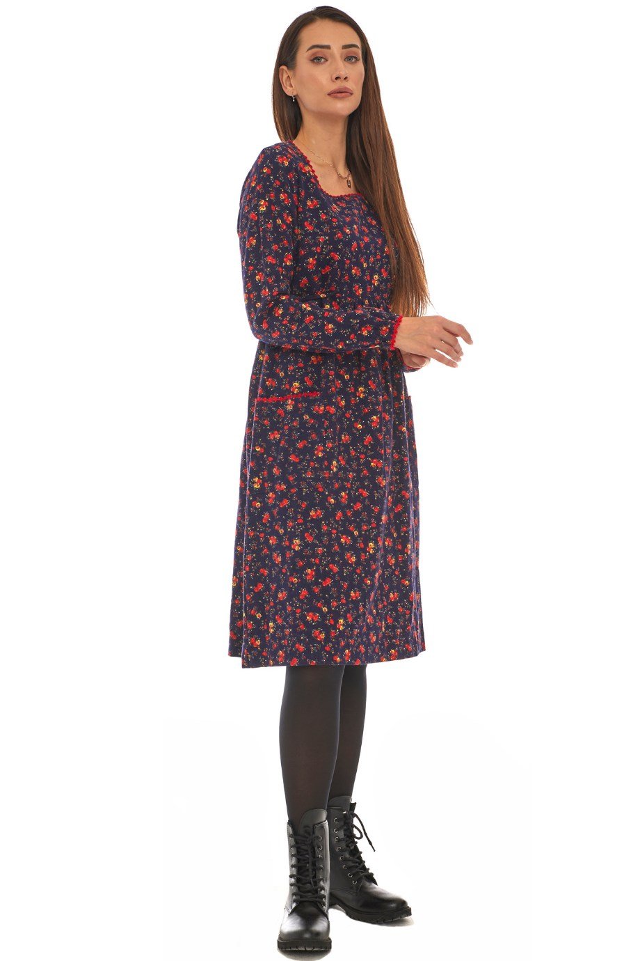 Pazen  Lacivert  Çiçekli Cepli Elbise