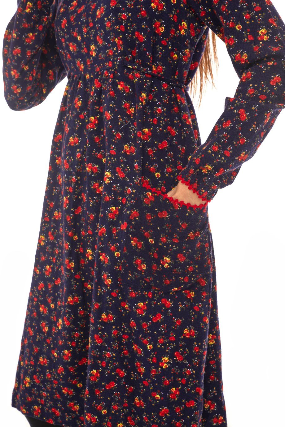 Pazen  Lacivert  Çiçekli Cepli Elbise