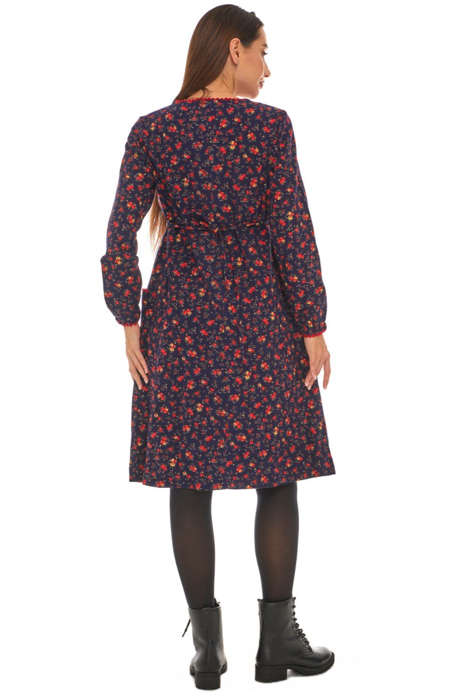 Pazen  Lacivert  Çiçekli Cepli Elbise