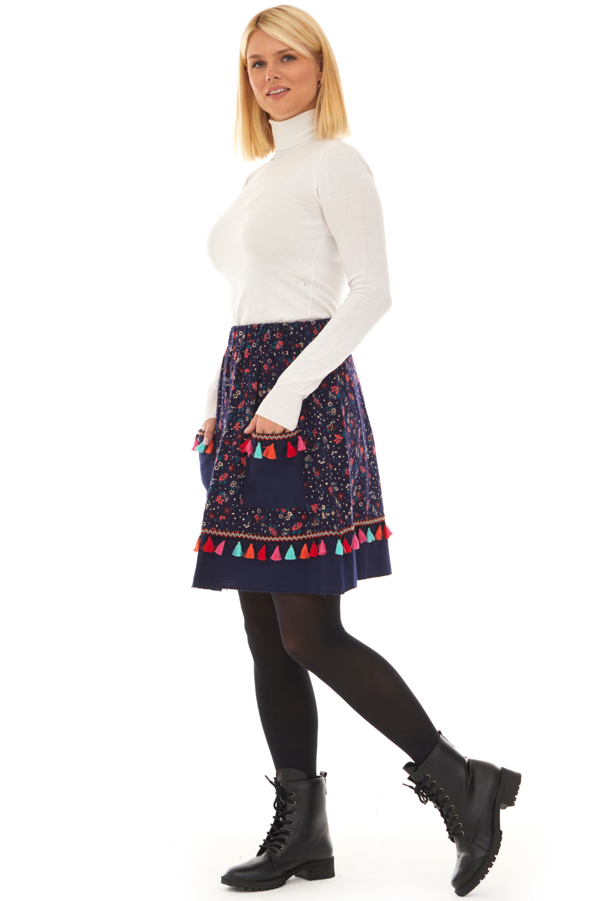 Pazen Lacivert Çıtır Desen Püsküllü Etek