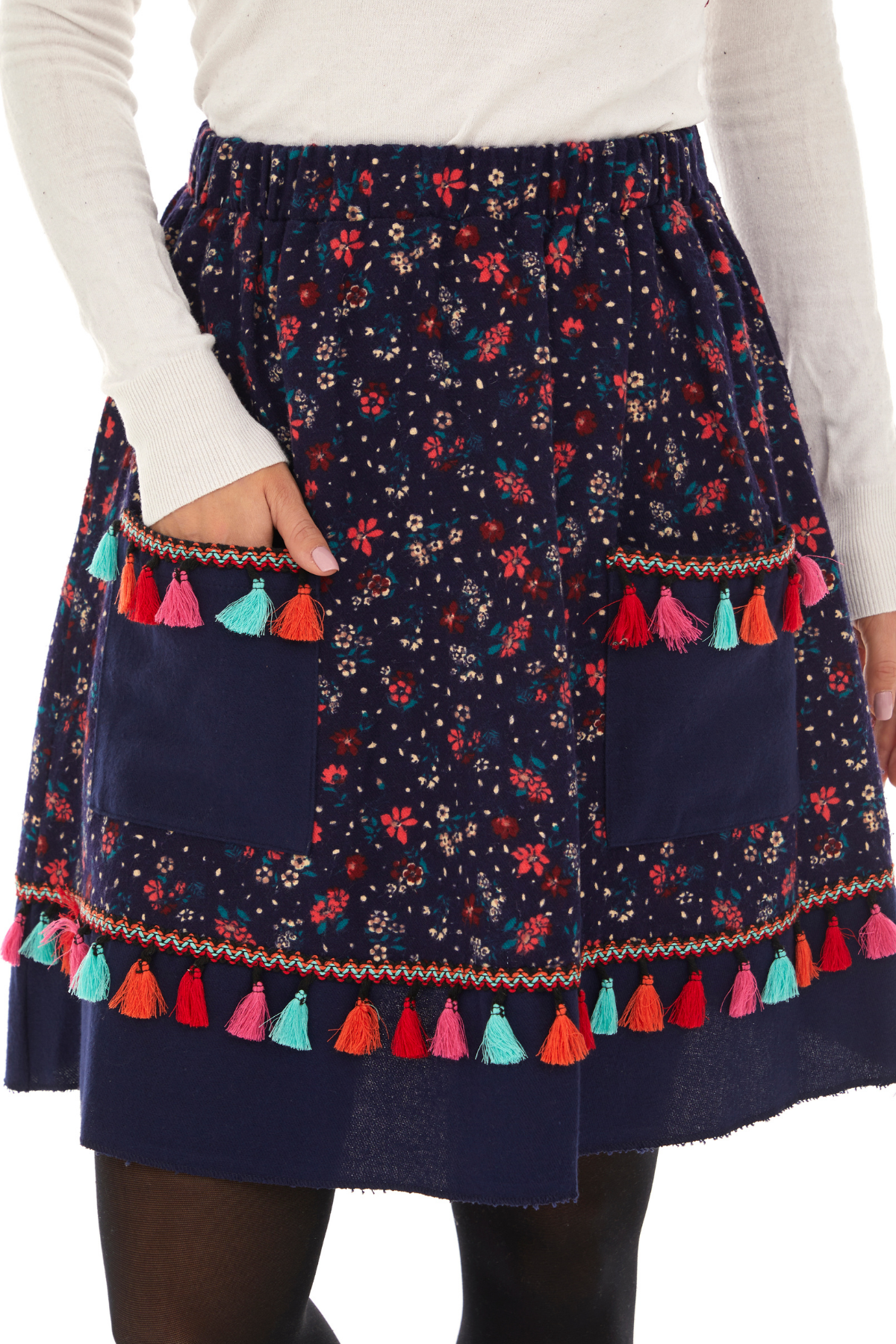 Pazen Lacivert Çıtır Desen Püsküllü Etek