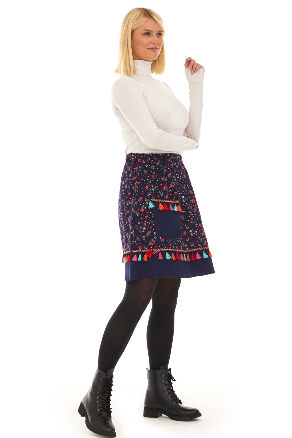 Pazen Lacivert Çıtır Desen Püsküllü Etek