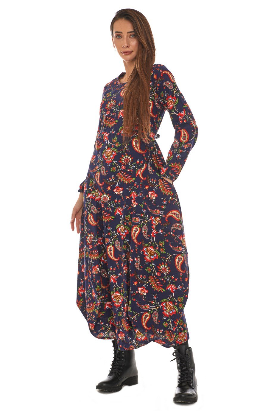 Pazen Lacivert Desenli Uzun Elbise