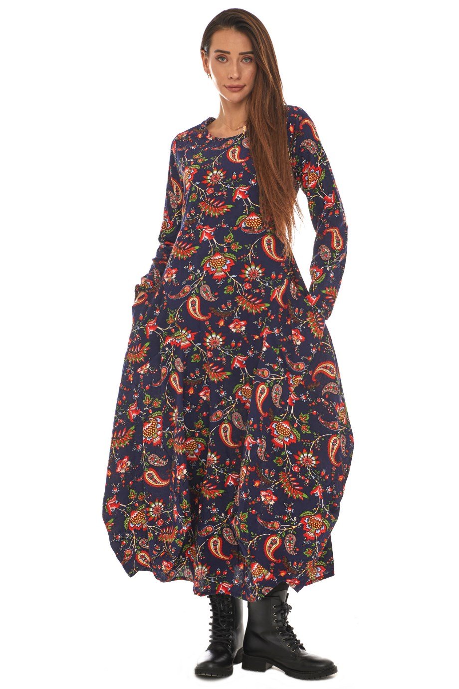 Pazen Lacivert Desenli Uzun Elbise