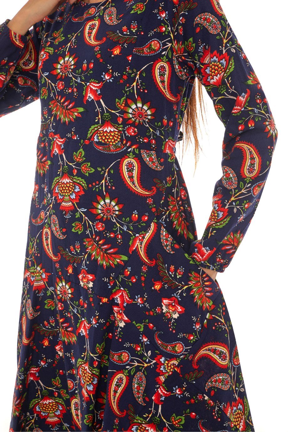 Pazen Lacivert Desenli Uzun Elbise