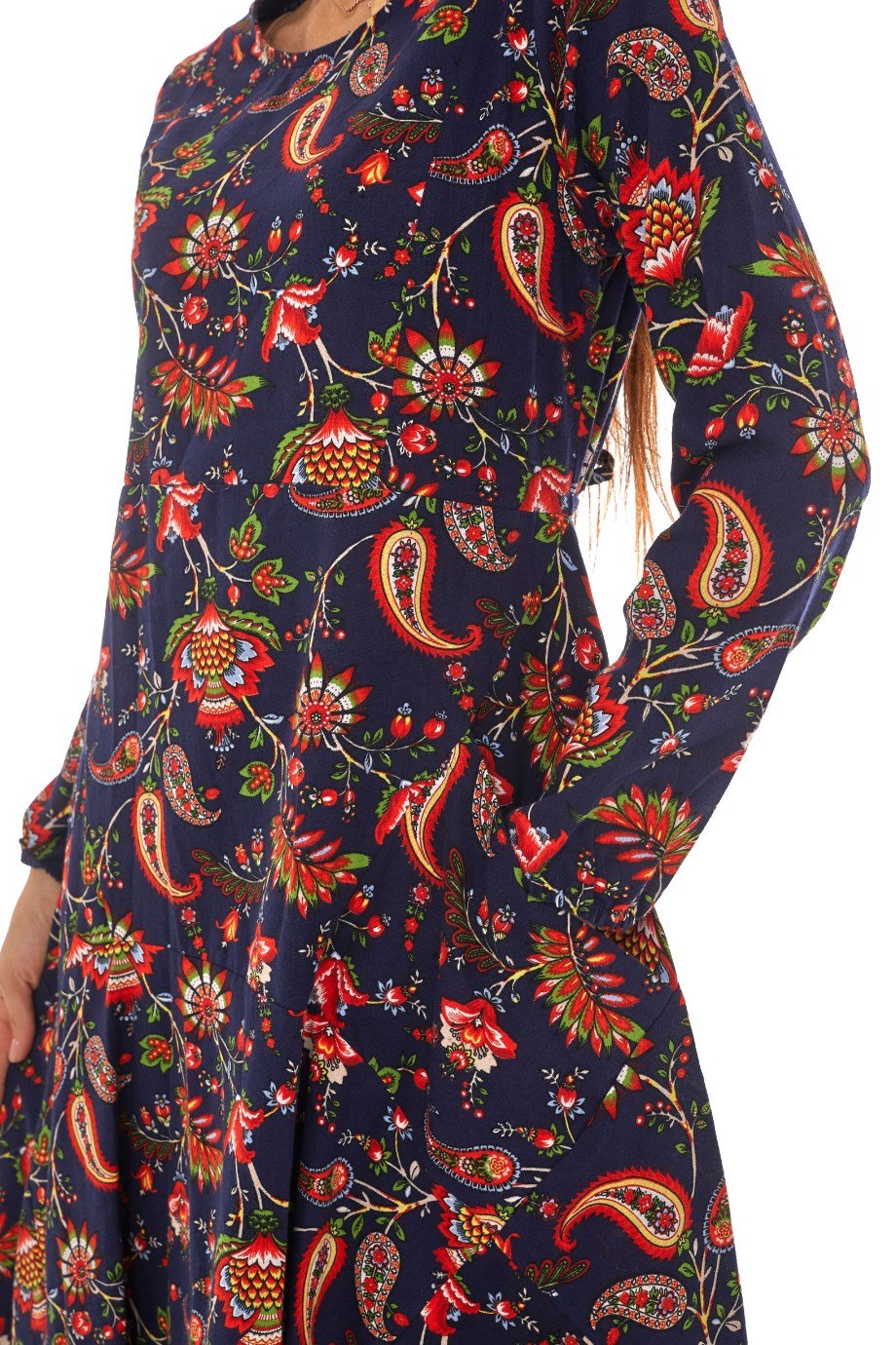 Pazen Lacivert Desenli Uzun Elbise