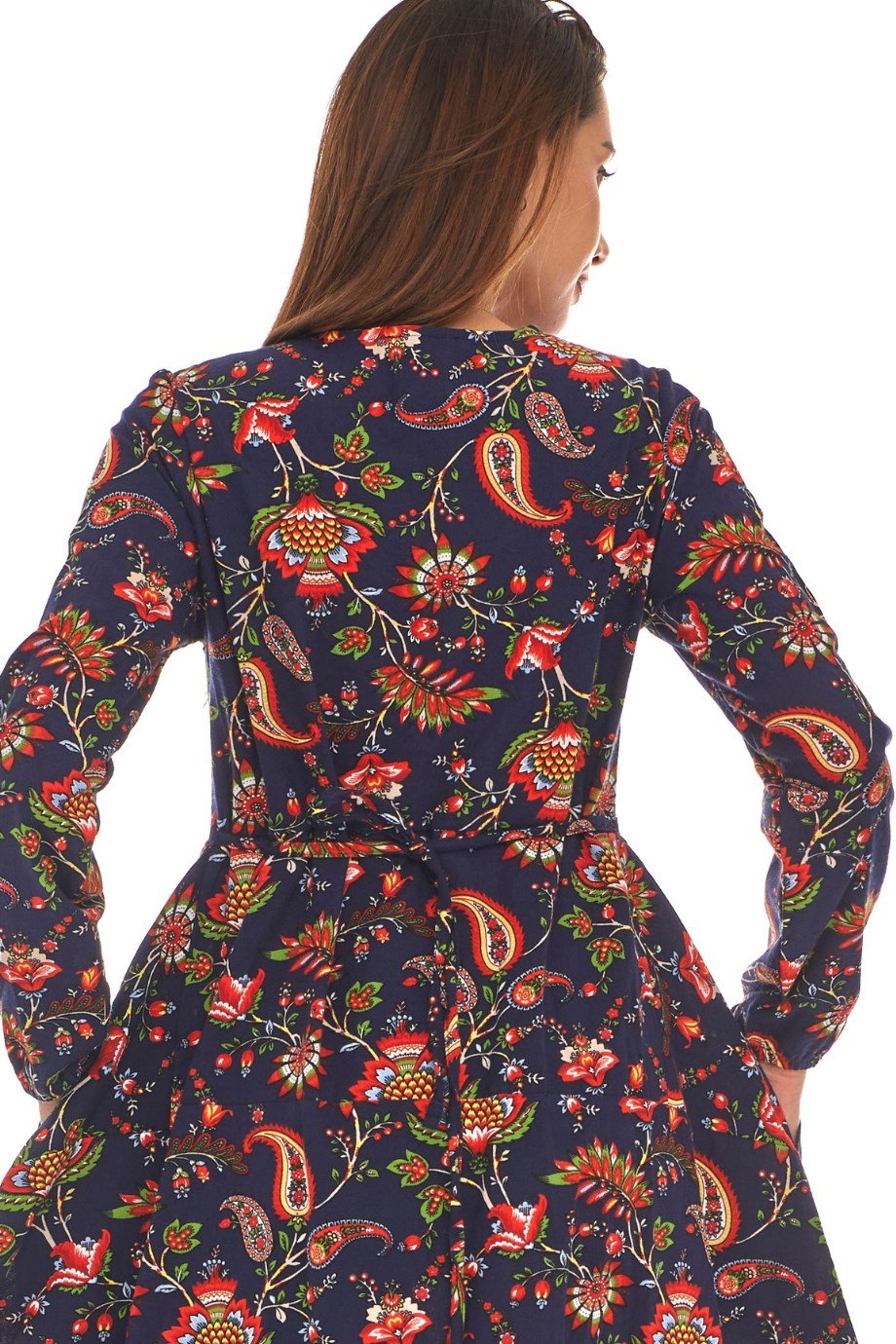 Pazen Lacivert Desenli Uzun Elbise