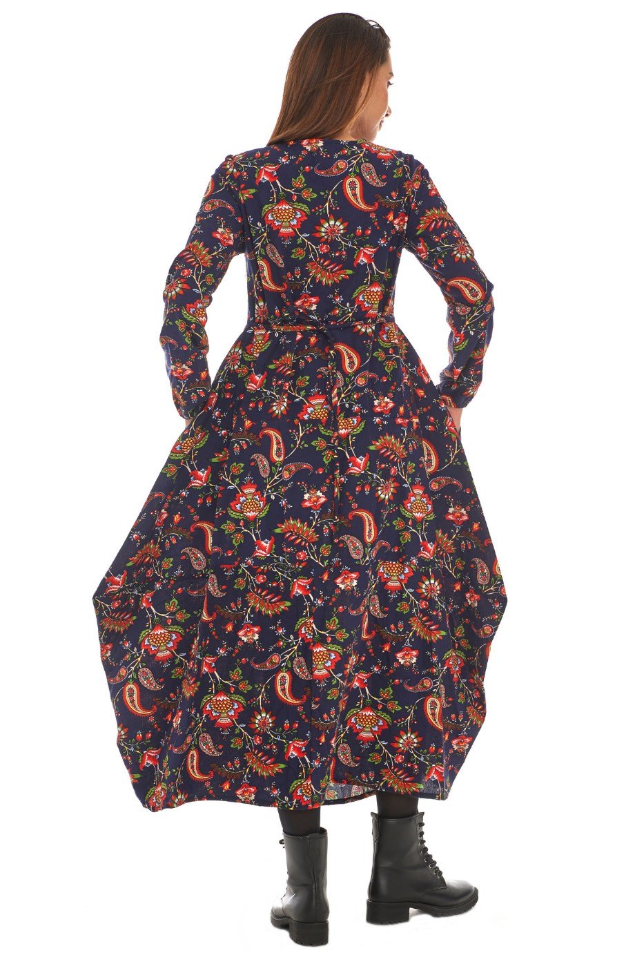 Pazen Lacivert Desenli Uzun Elbise