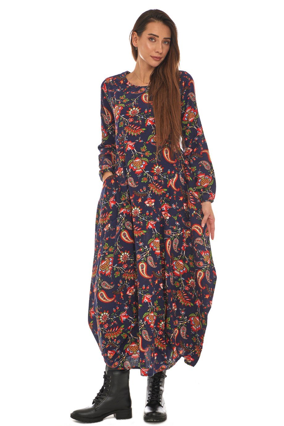 Pazen Lacivert Desenli Uzun Elbise