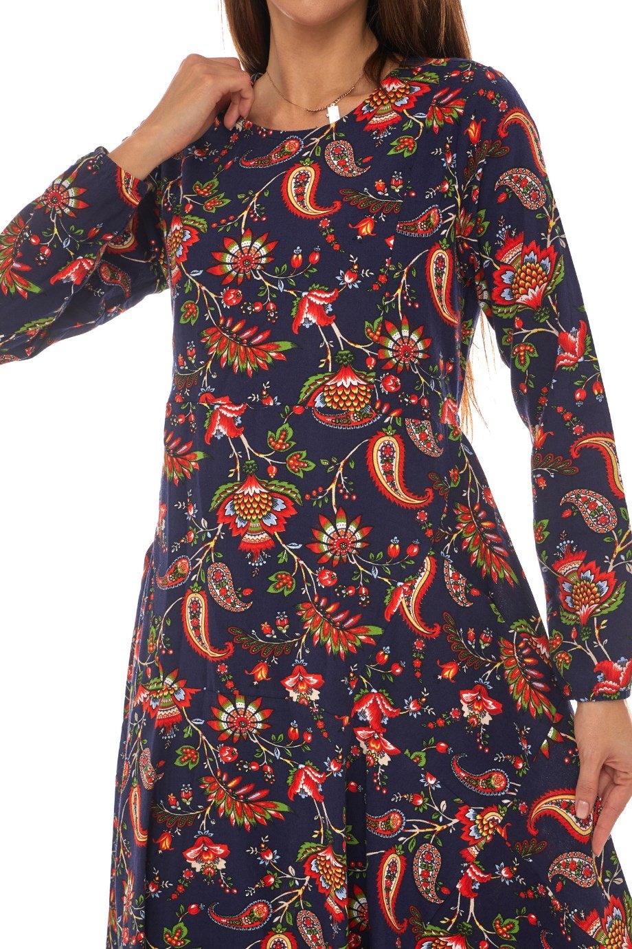 Pazen Lacivert Desenli Uzun Elbise