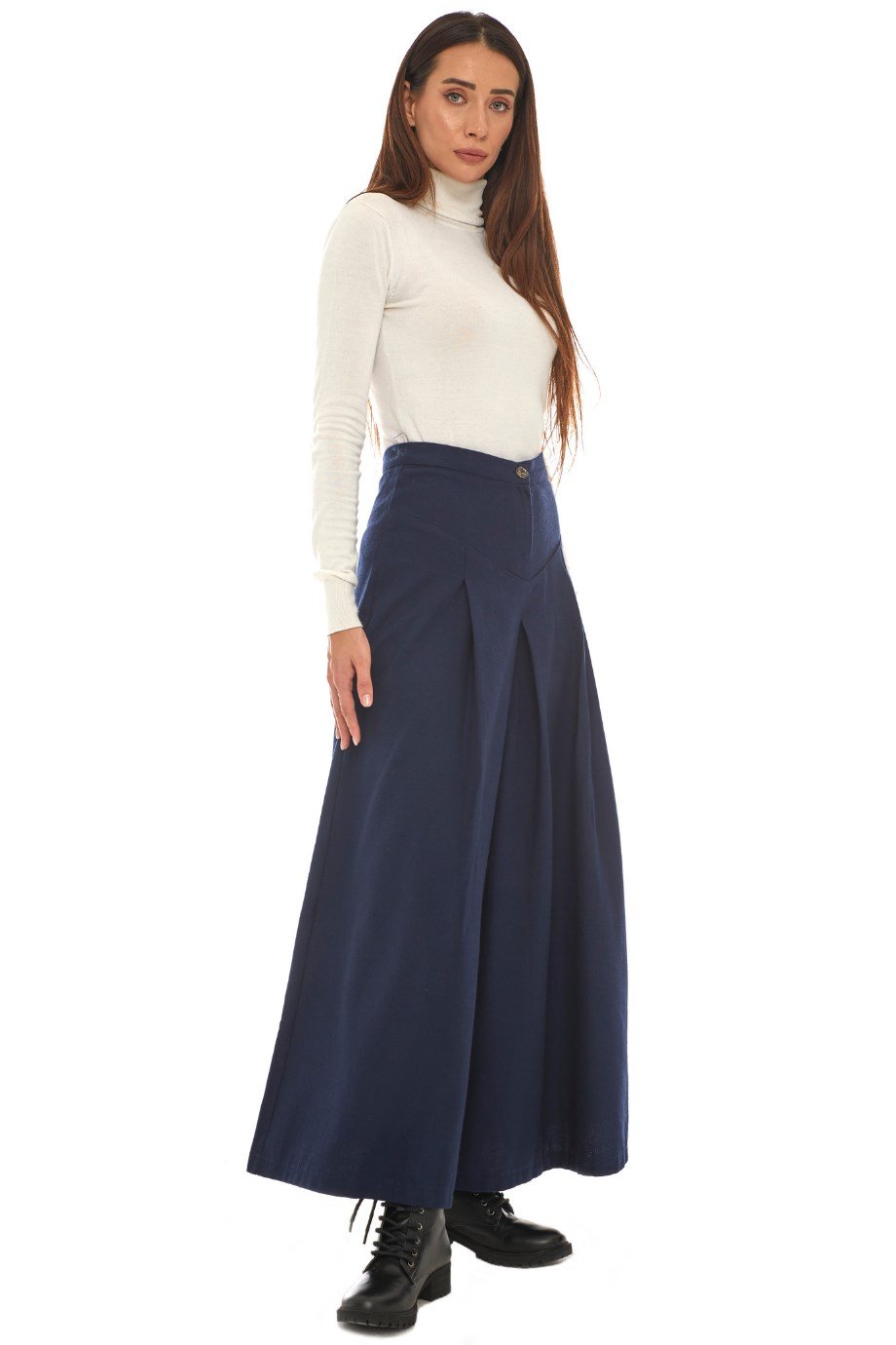 Pazen Lacivert Pileli Geniş Paça Pantolon