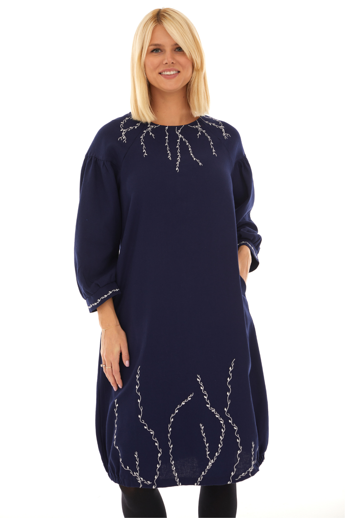 Pazen Lacivert Sarmaşık İşlemeli Sonbahar Kış Elbise