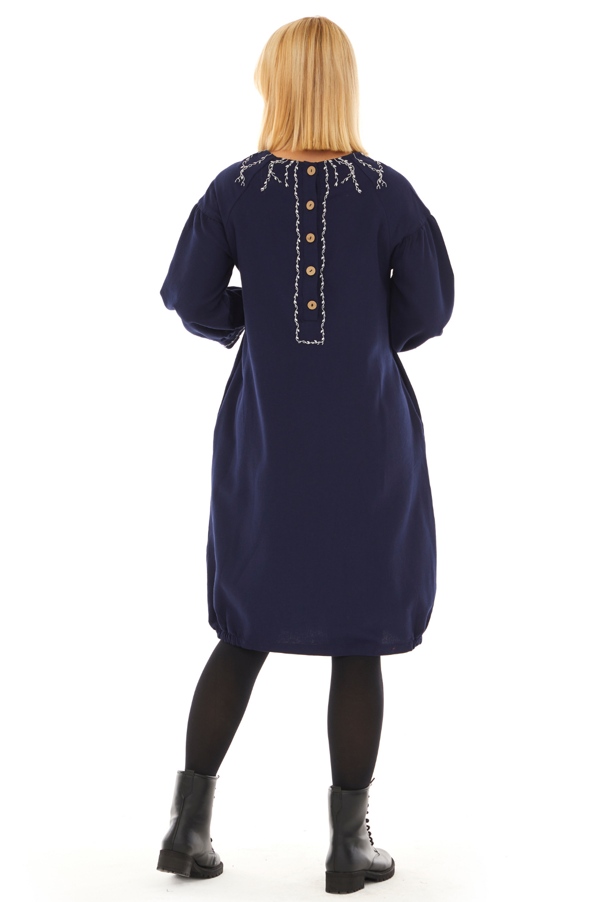 Pazen Lacivert Sarmaşık İşlemeli Sonbahar Kış Elbise