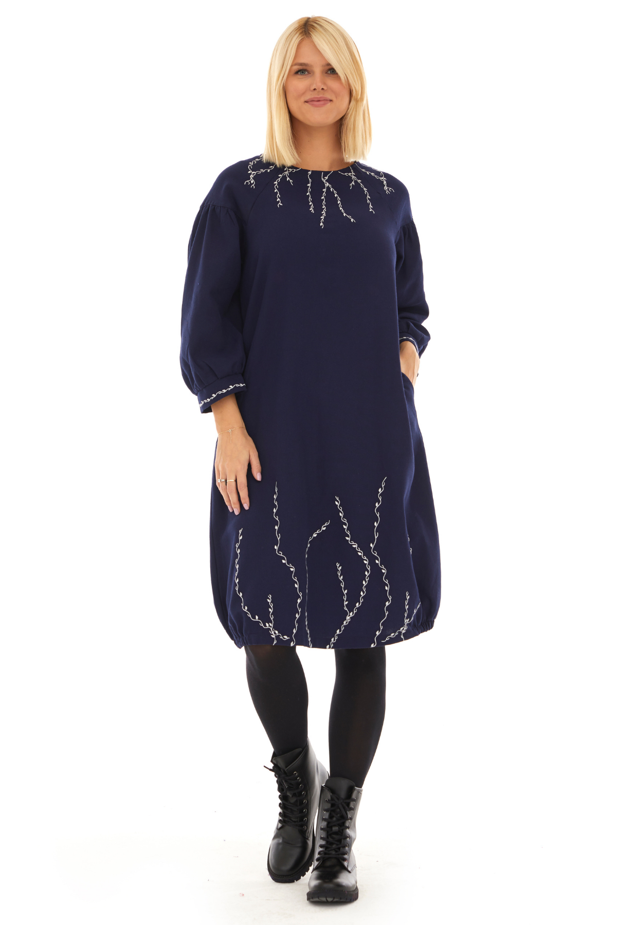 Pazen Lacivert Sarmaşık İşlemeli Sonbahar Kış Elbise