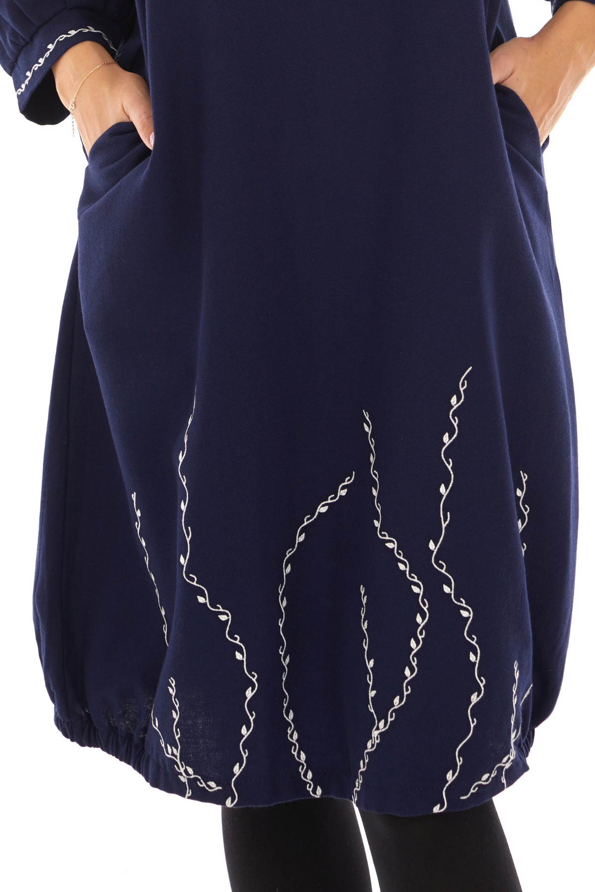 Pazen Lacivert Sarmaşık İşlemeli Sonbahar Kış Elbise