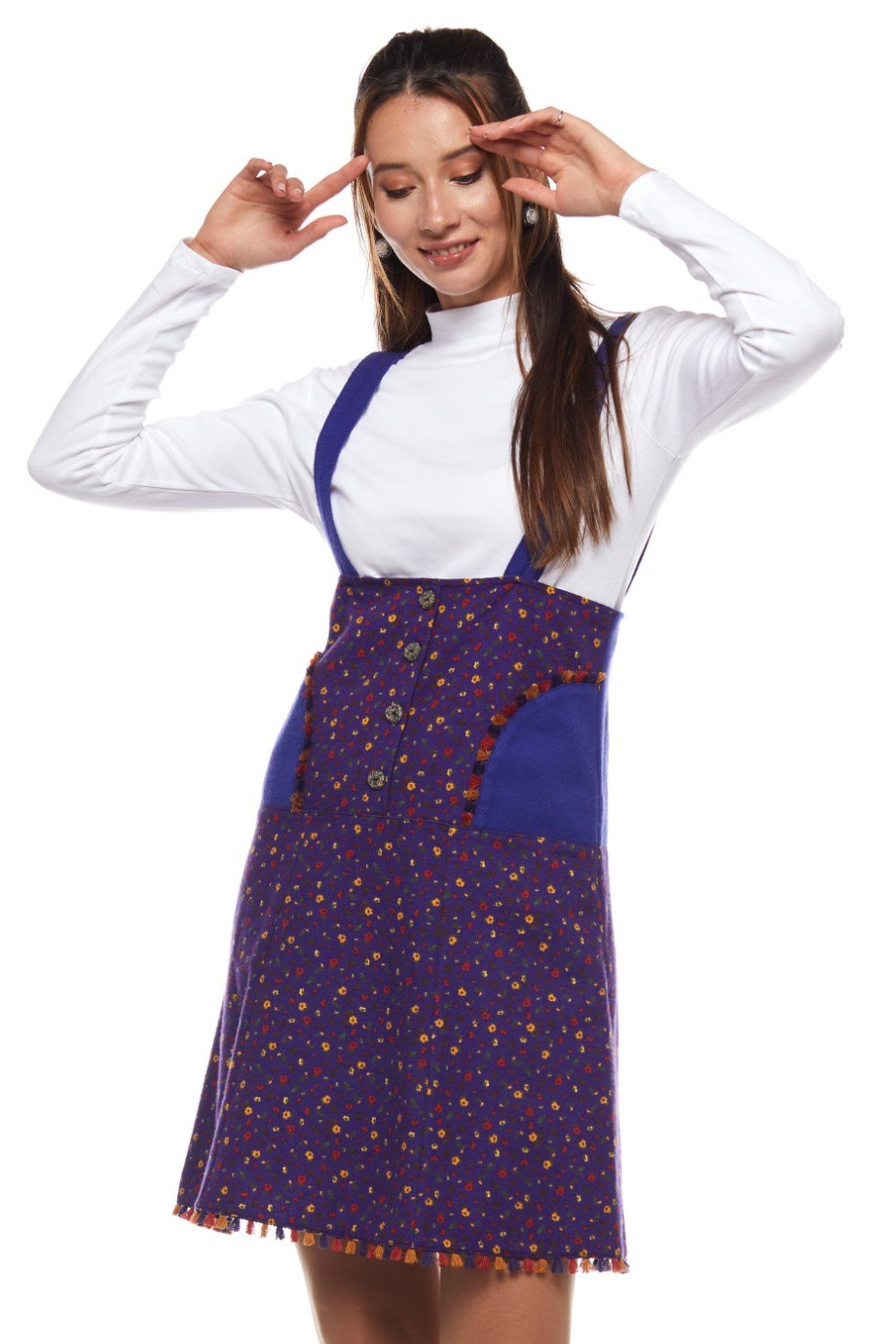 Pazen Mor Salopet Desenli Kısa Etek