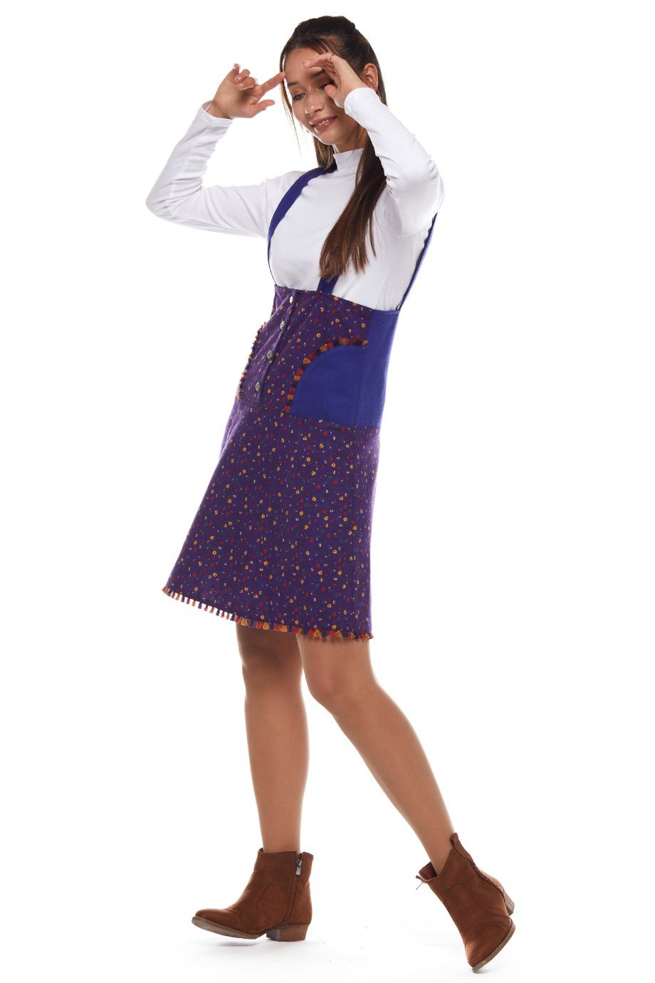 Pazen Mor Salopet Desenli Kısa Etek