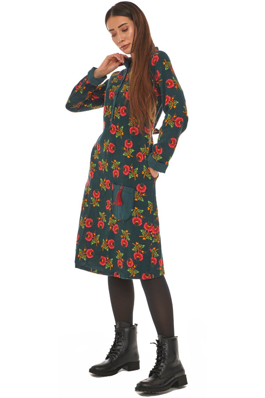 Pazen Petrol Çiçek Desenli Cepli Elbise