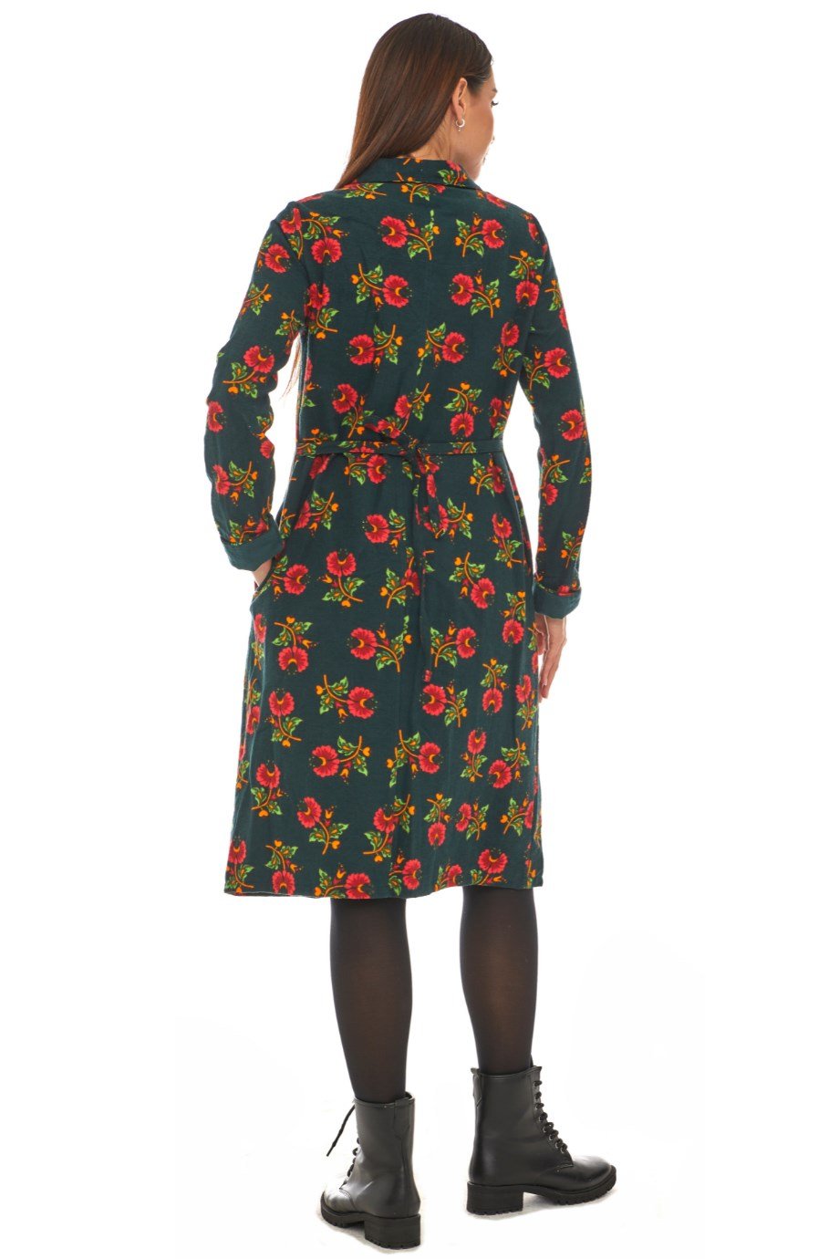 Pazen Petrol Çiçek Desenli Cepli Elbise