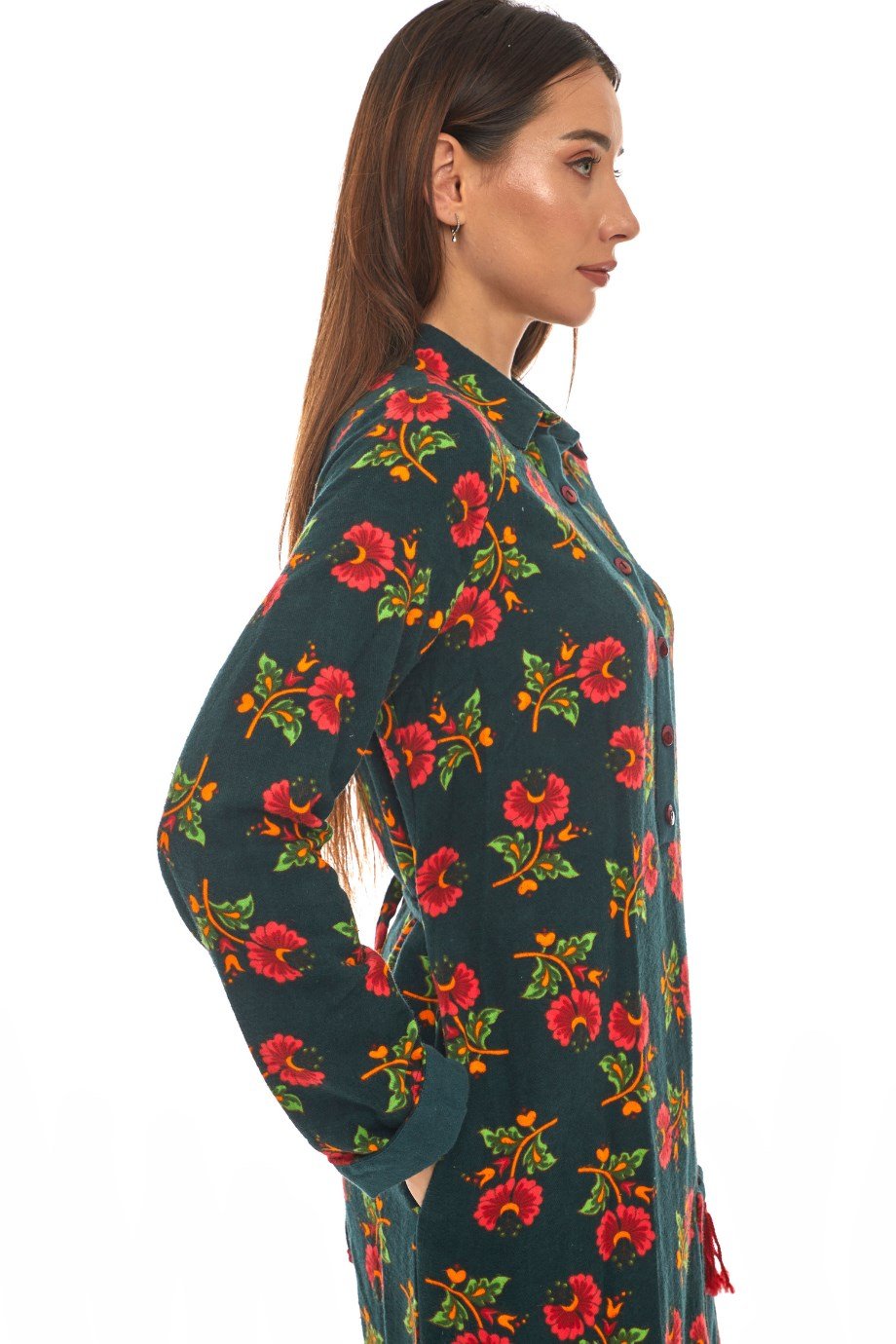 Pazen Petrol Çiçek Desenli Cepli Elbise