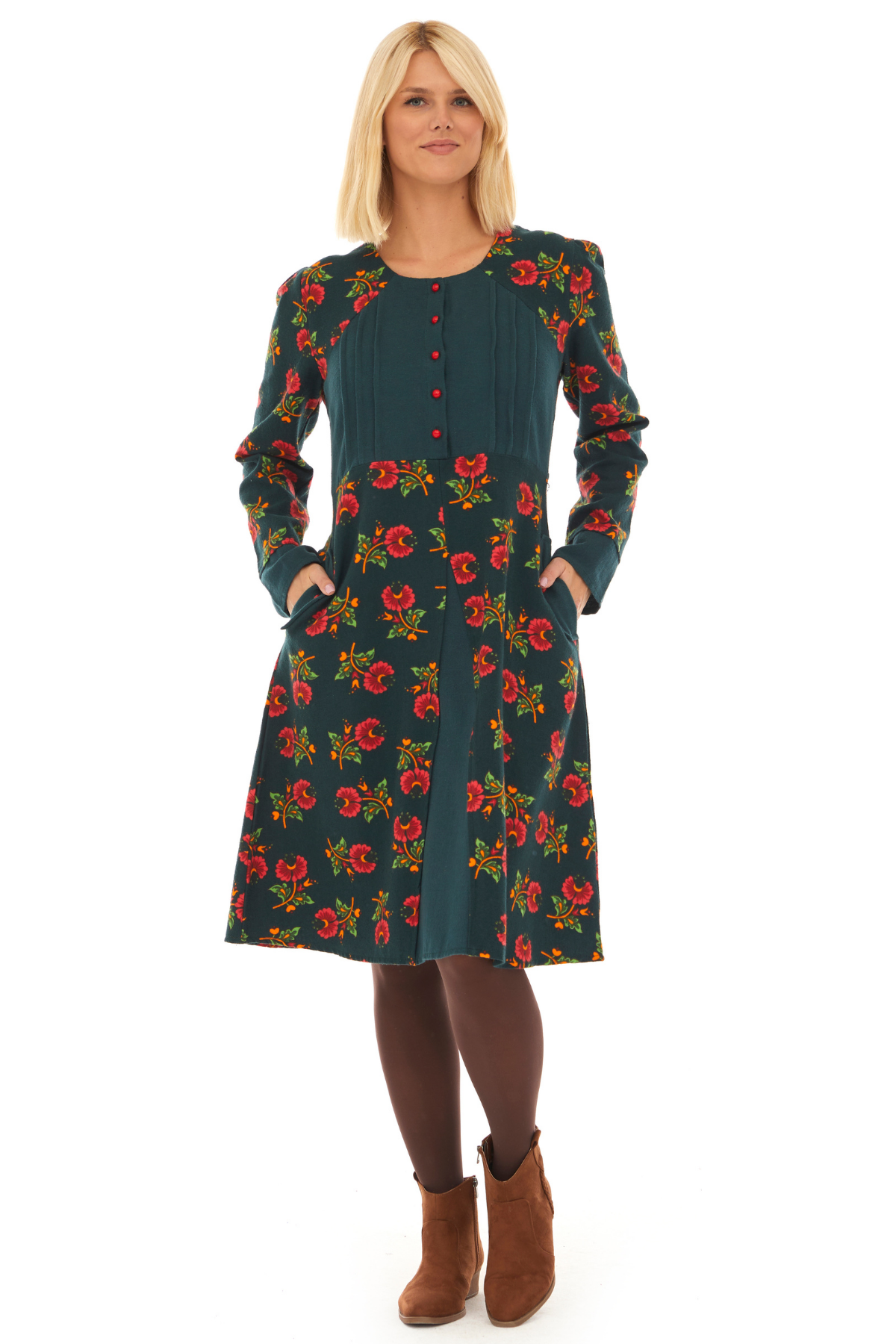 Pazen Petrol Çiçekli Sonbahar ve Kışlık Elbise