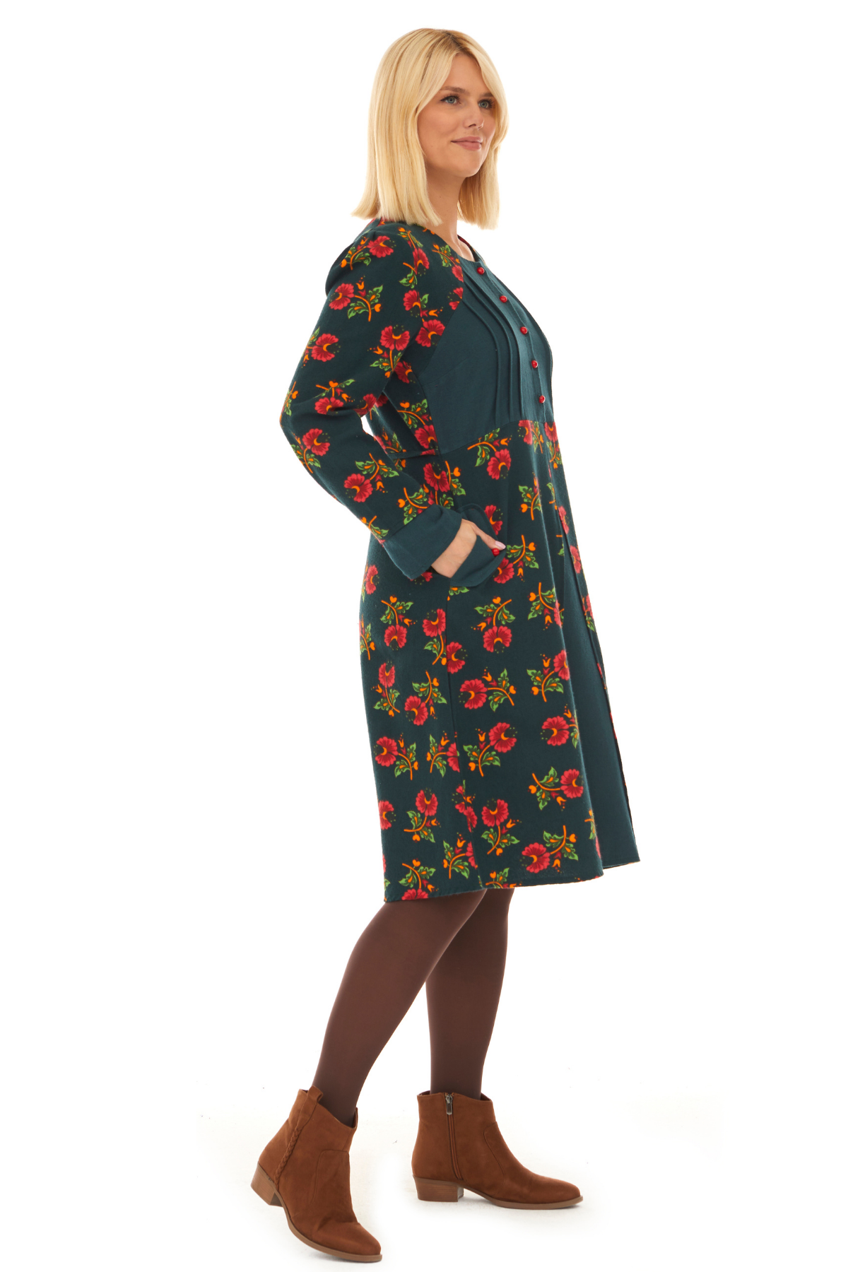 Pazen Petrol Çiçekli Sonbahar ve Kışlık Elbise