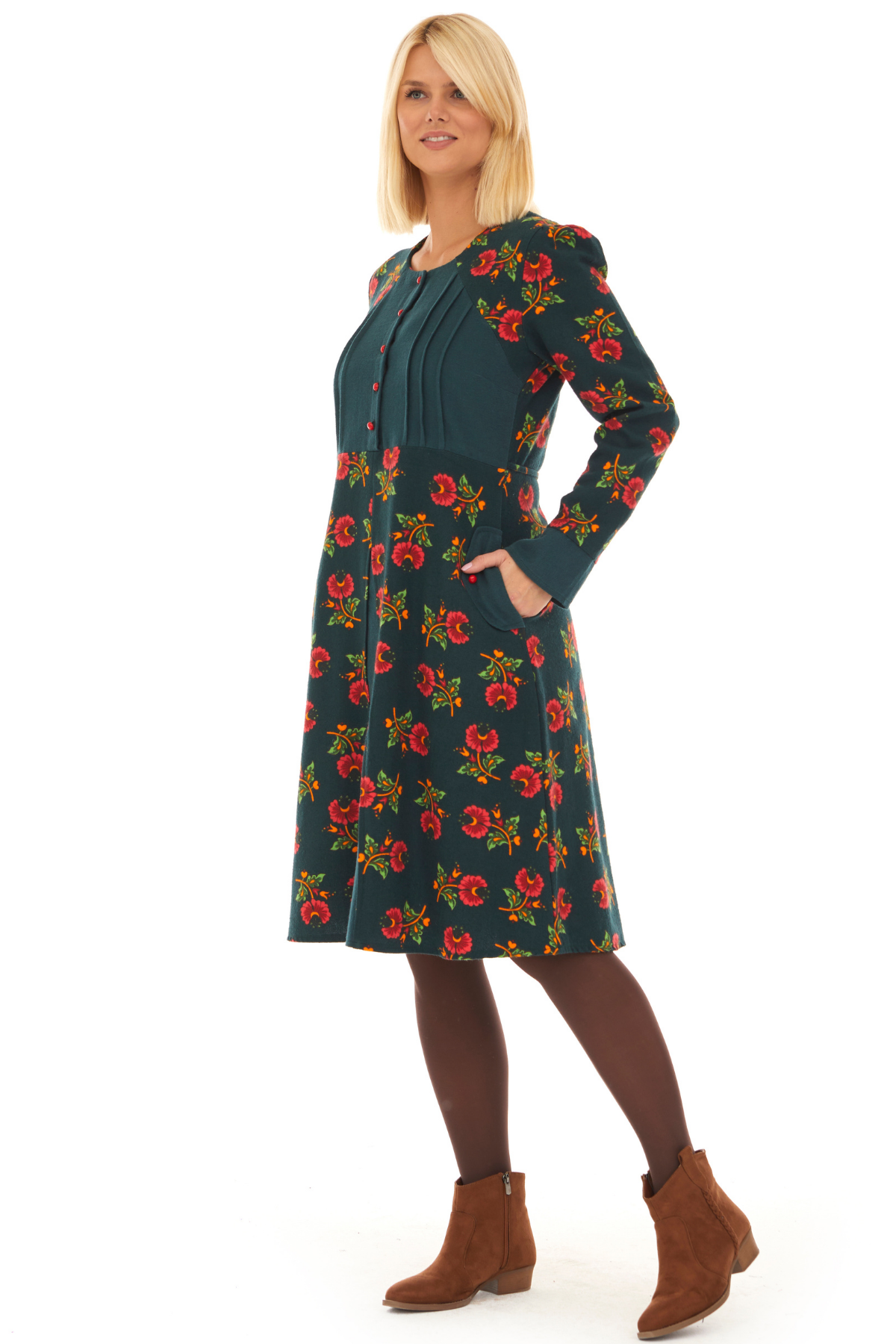 Pazen Petrol Çiçekli Sonbahar ve Kışlık Elbise