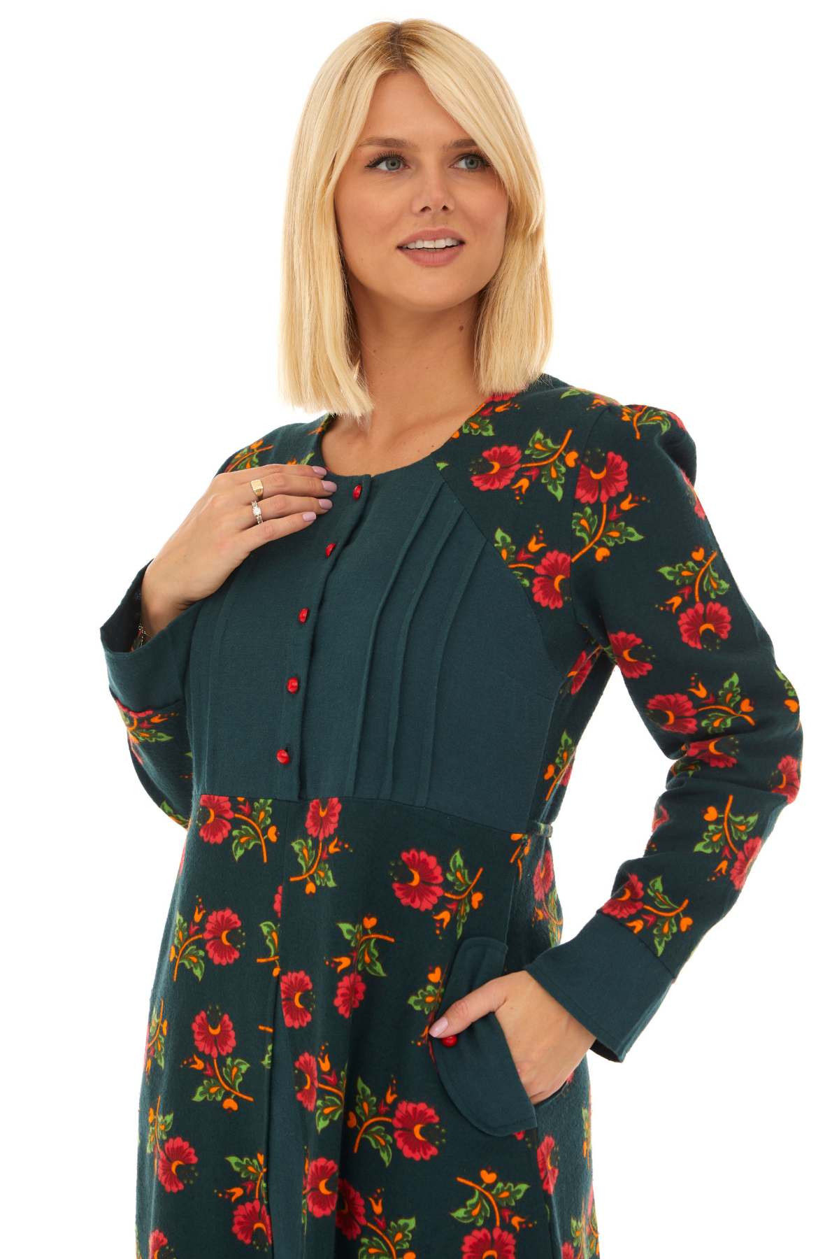 Pazen Petrol Çiçekli Sonbahar ve Kışlık Elbise