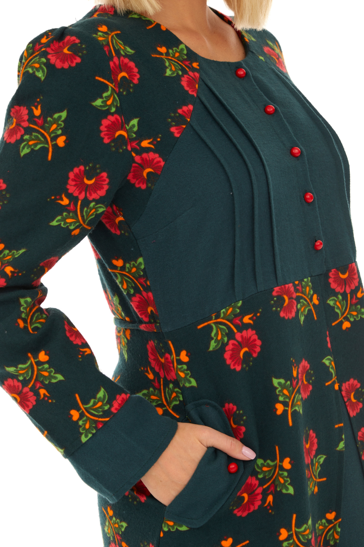 Pazen Petrol Çiçekli Sonbahar ve Kışlık Elbise