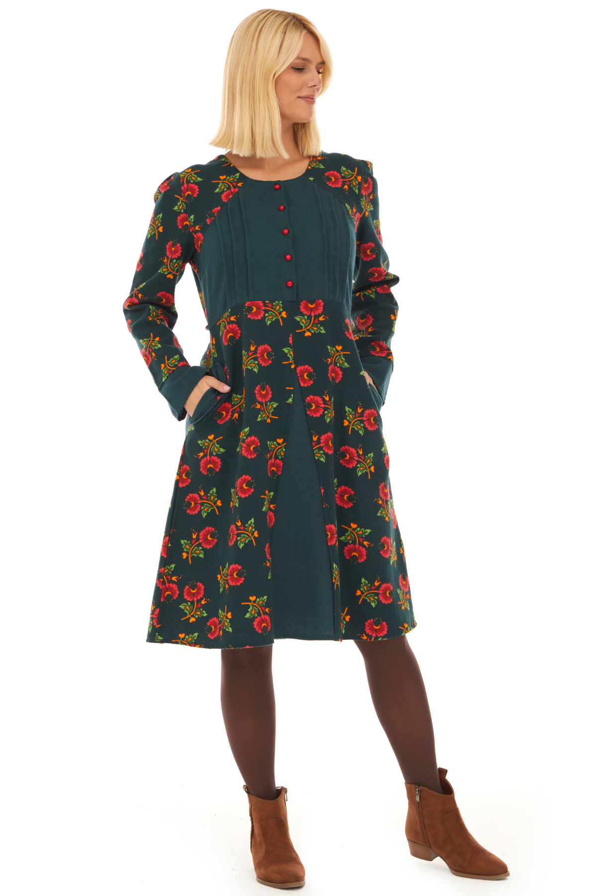 Pazen Petrol Çiçekli Sonbahar ve Kışlık Elbise