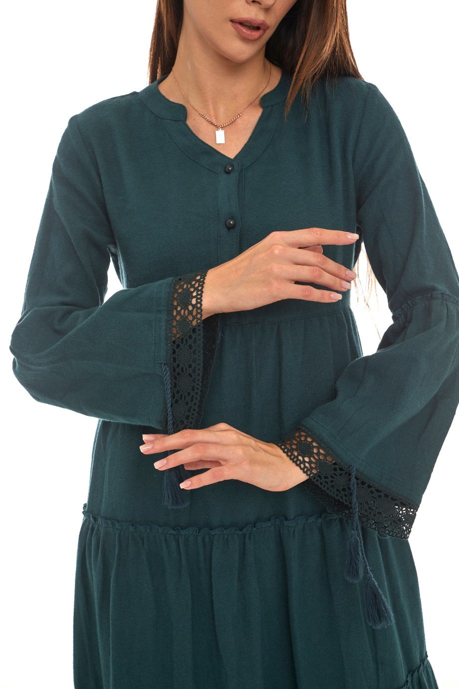 Pazen Petrol Dantelli Düz Desen Uzun Elbise