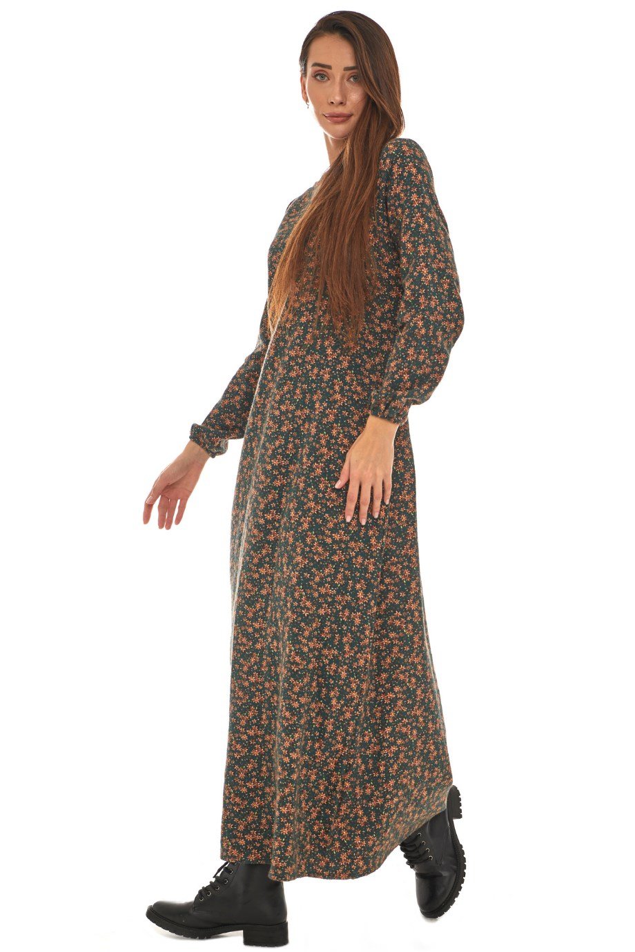 Pazen Petrol Desenli Uzun Elbise