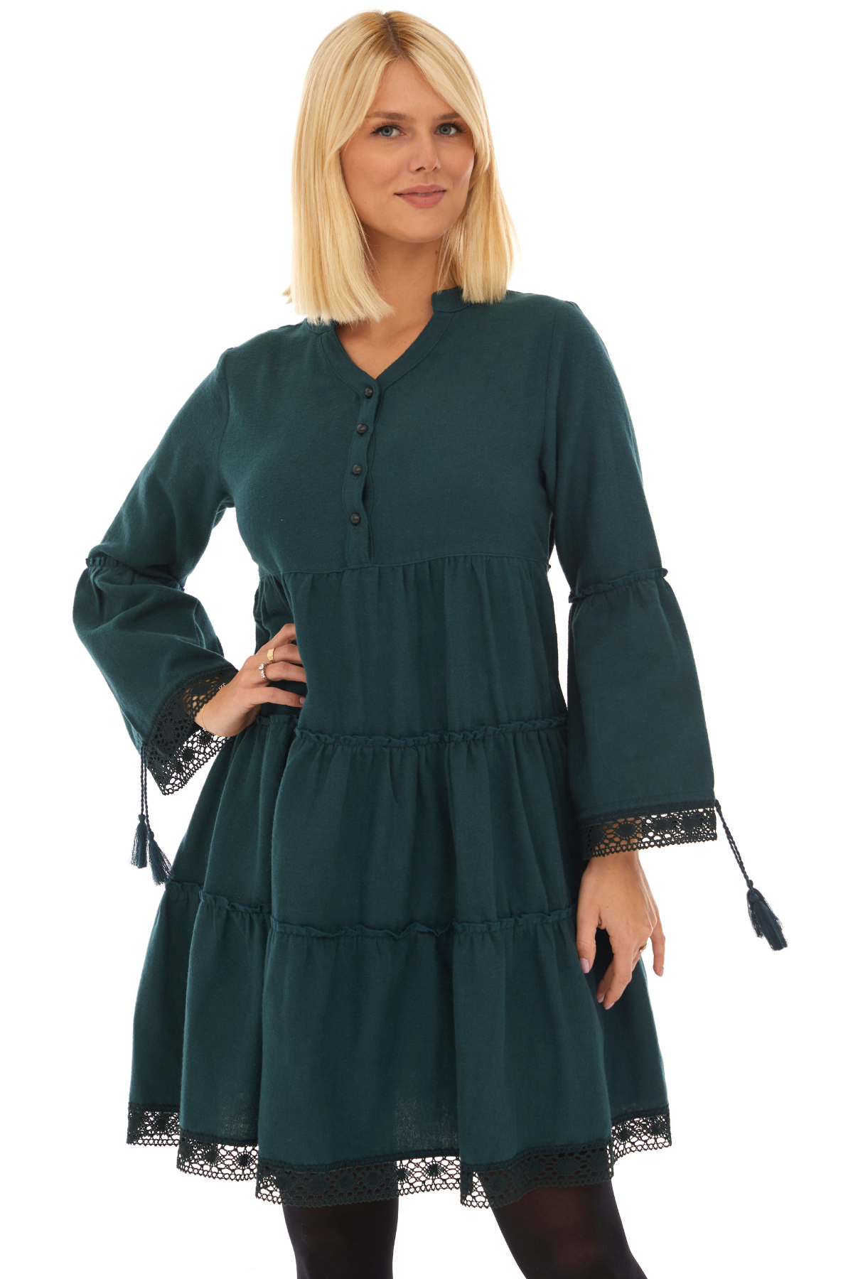 Pazen Petrol Düz Desen Kısa Sonbahar Kış Elbise