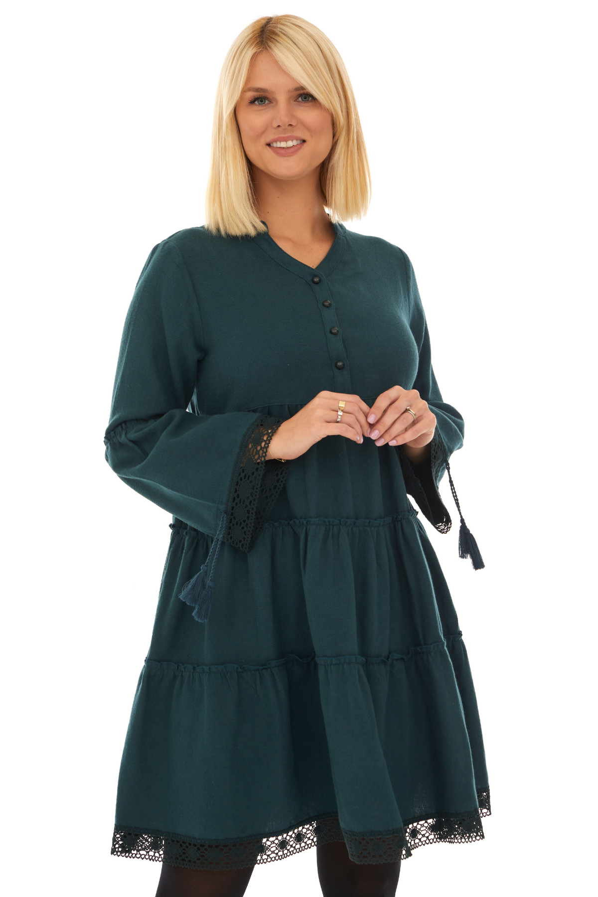 Pazen Petrol Düz Desen Kısa Sonbahar Kış Elbise