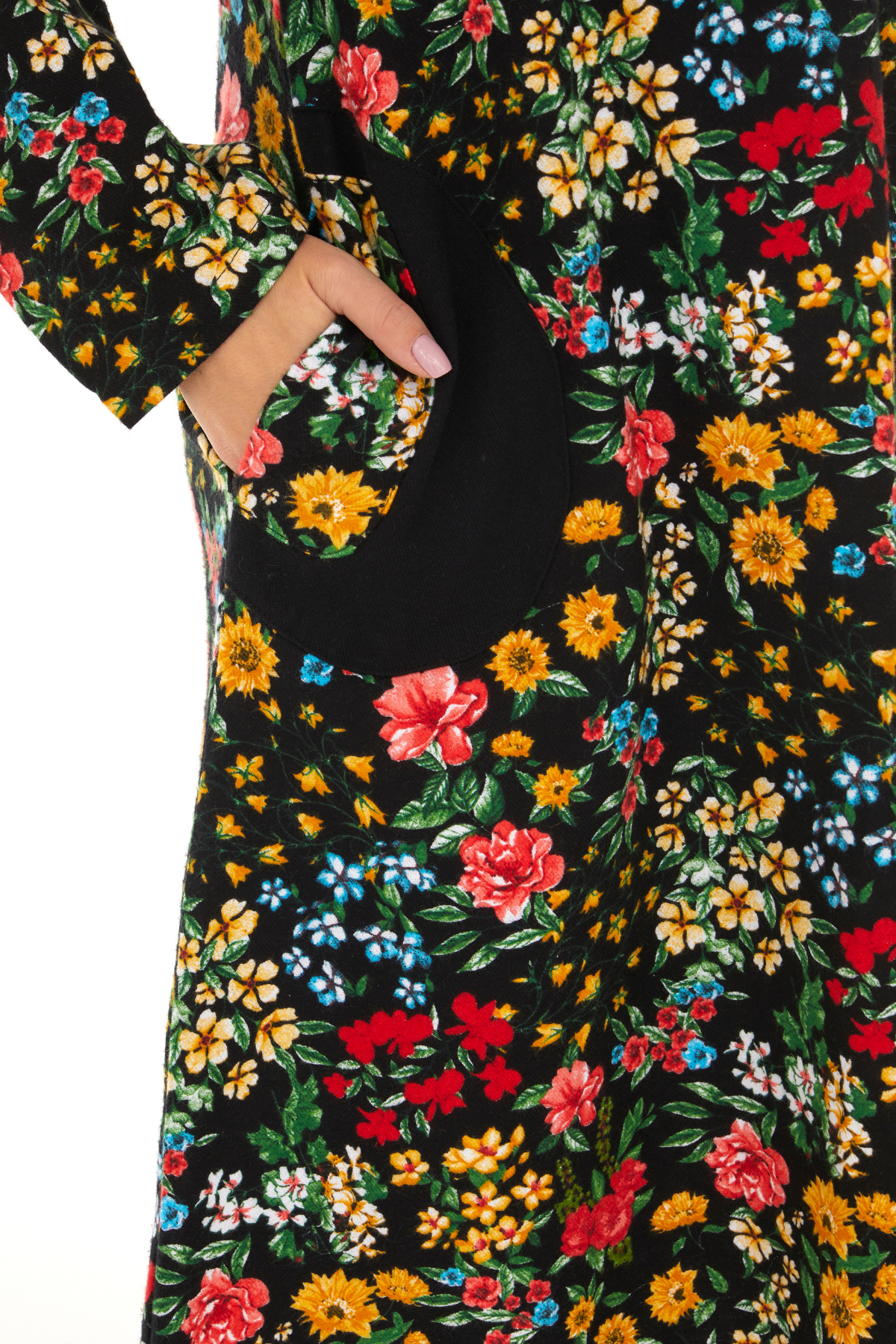 Pazen Siyah Bahar Desen Çiçekli Midi Sonbahar Kış Elbise