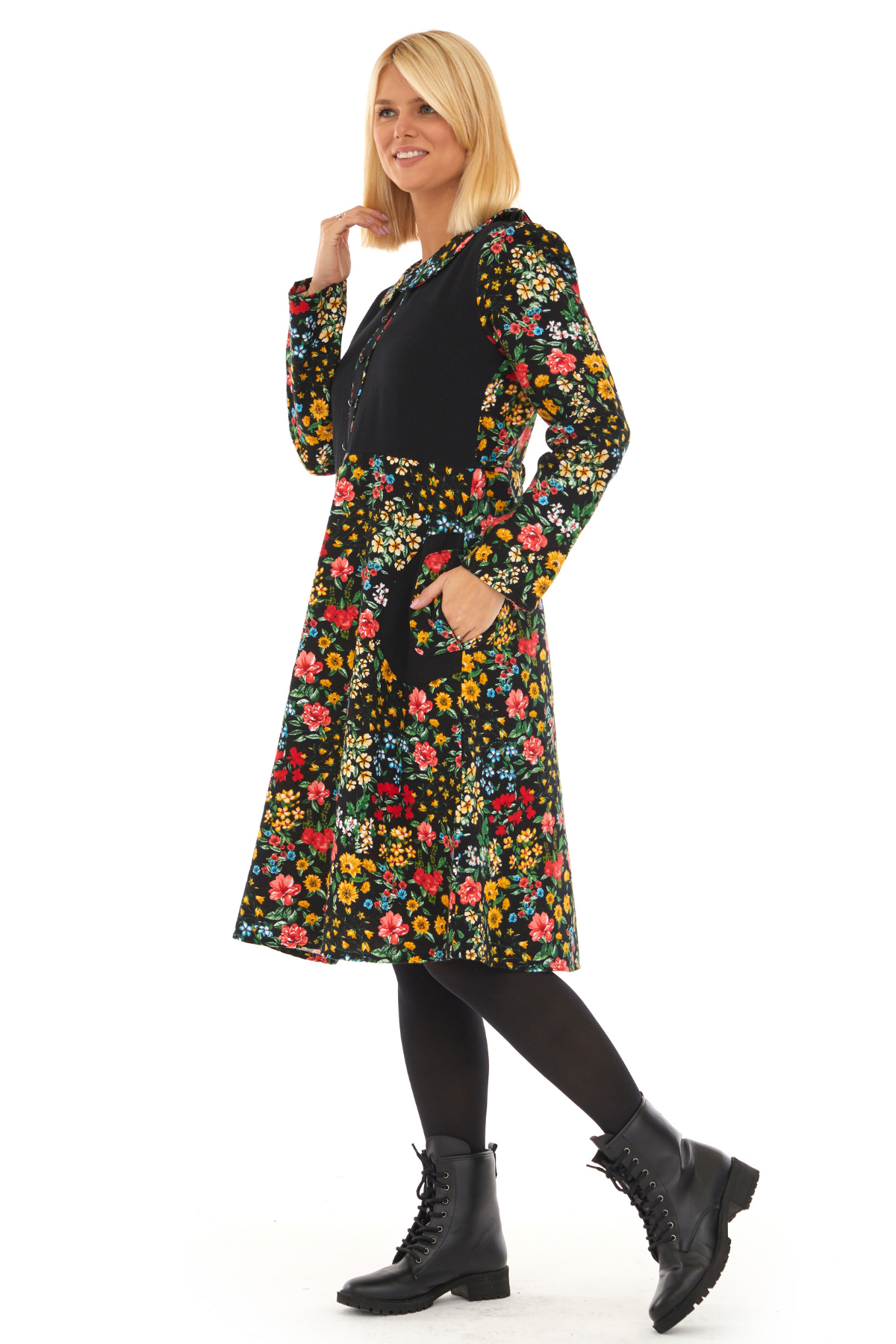 Pazen Siyah Bahar Desen Çiçekli Midi Sonbahar Kış Elbise