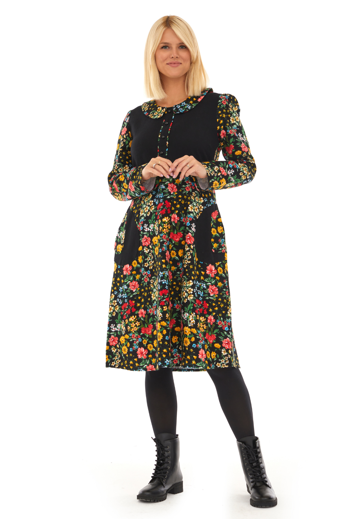 Pazen Siyah Bahar Desen Çiçekli Midi Sonbahar Kış Elbise