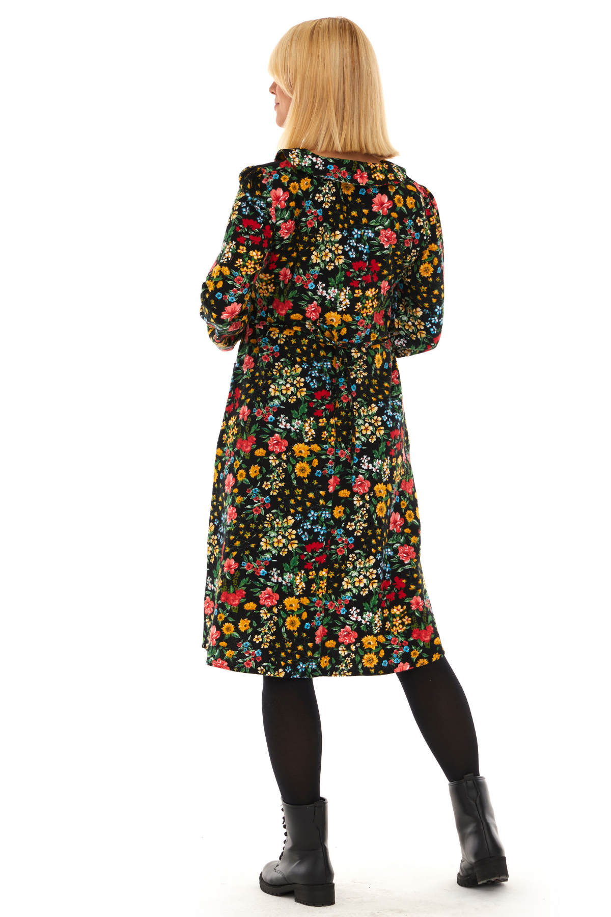 Pazen Siyah Bahar Desen Çiçekli Midi Sonbahar Kış Elbise