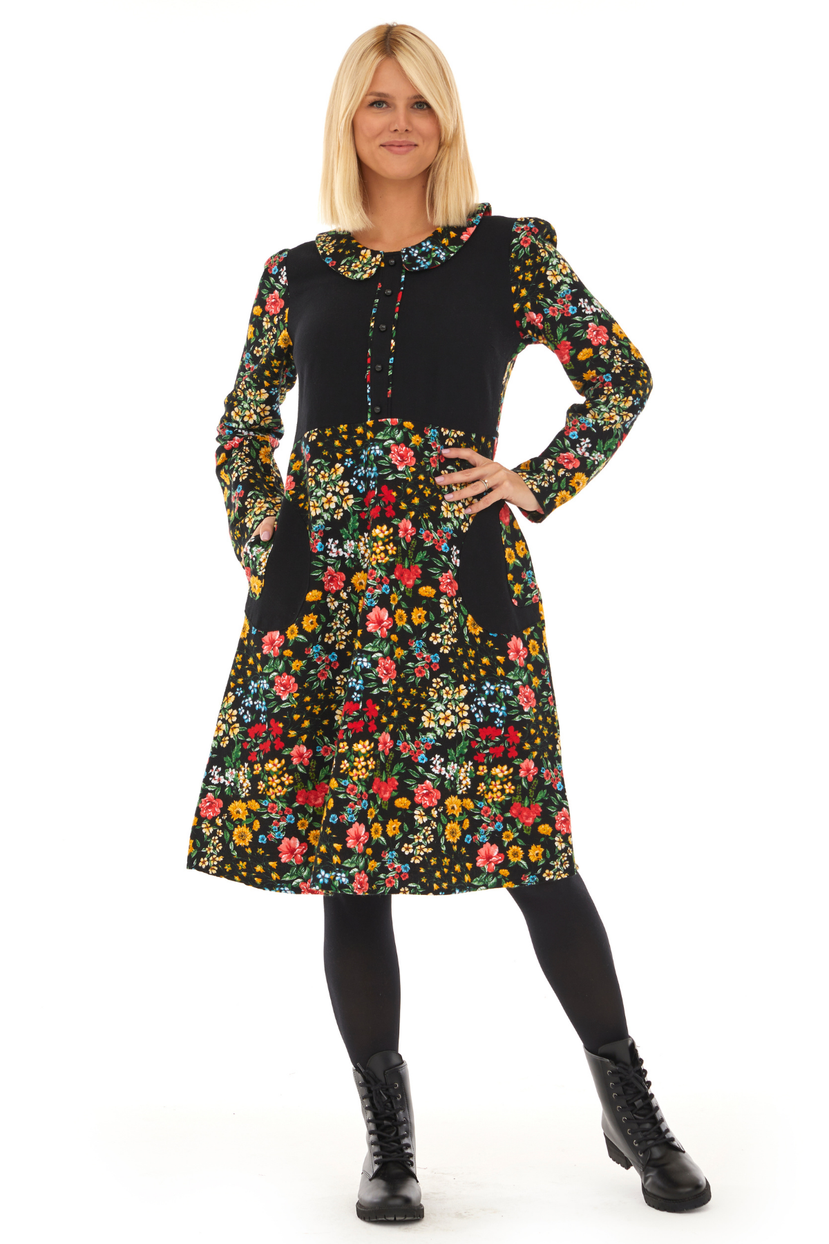 Pazen Siyah Bahar Desen Çiçekli Midi Sonbahar Kış Elbise