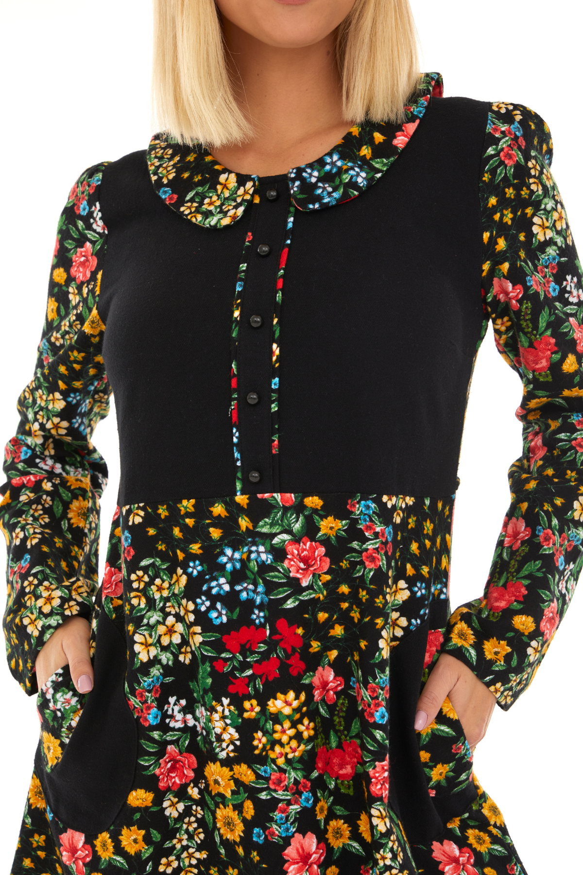 Pazen Siyah Bahar Desen Çiçekli Midi Sonbahar Kış Elbise