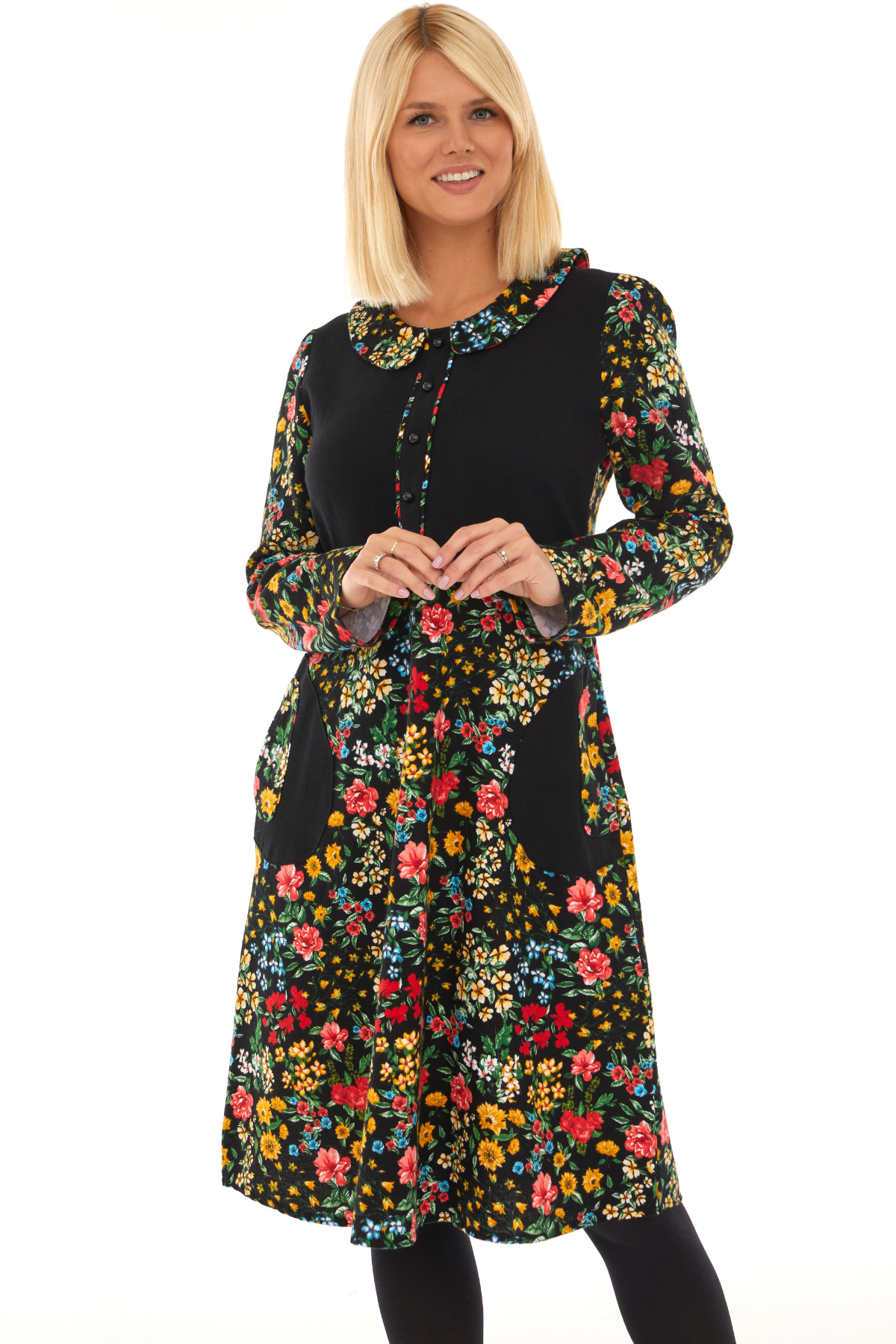 Pazen Siyah Bahar Desen Çiçekli Midi Sonbahar Kış Elbise