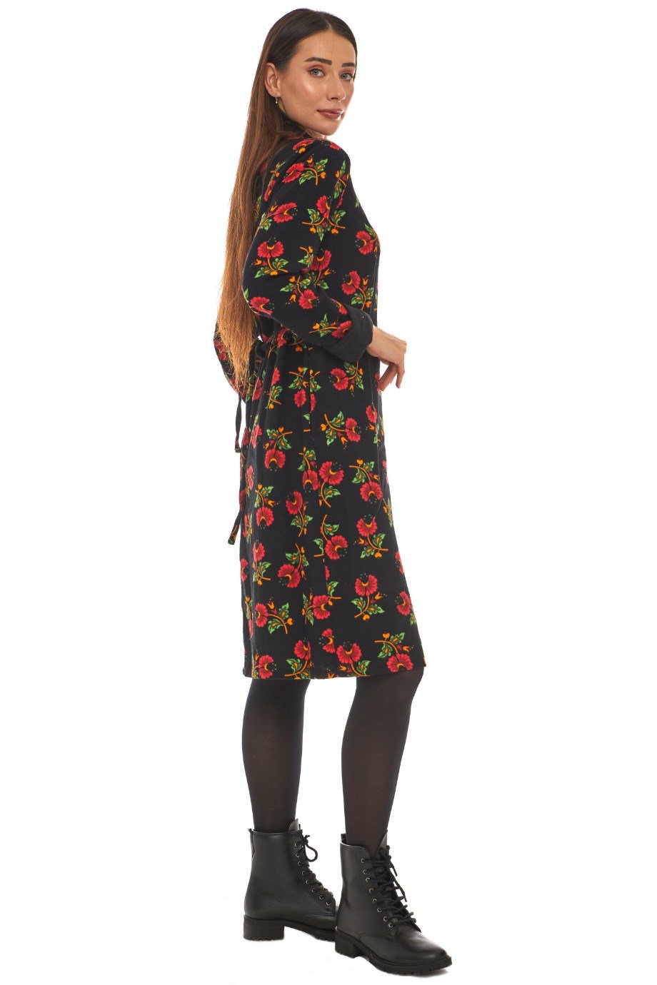Pazen Siyah Çiçek Desenli Cepli Elbise