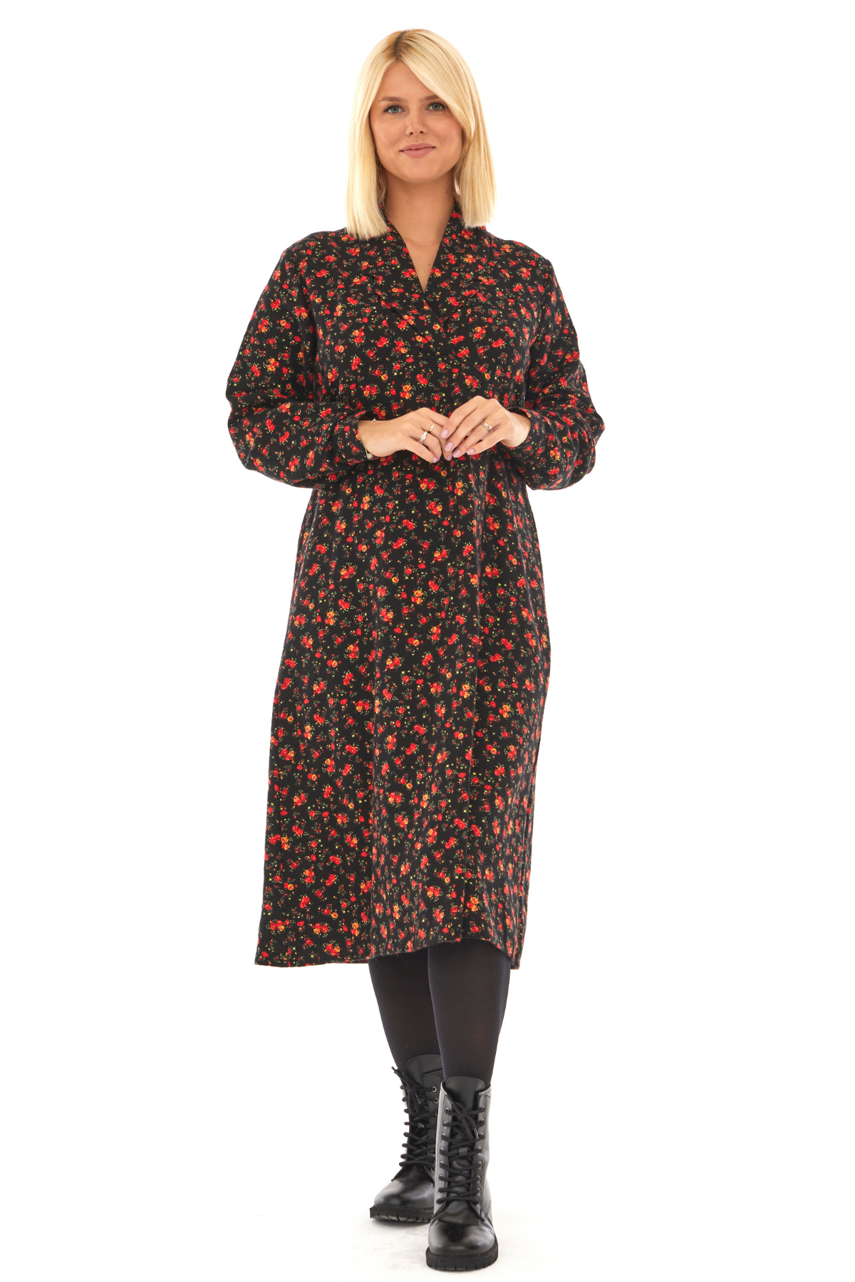 Pazen Siyah Çiçek Detay Midi Sonbahar Kış Elbise