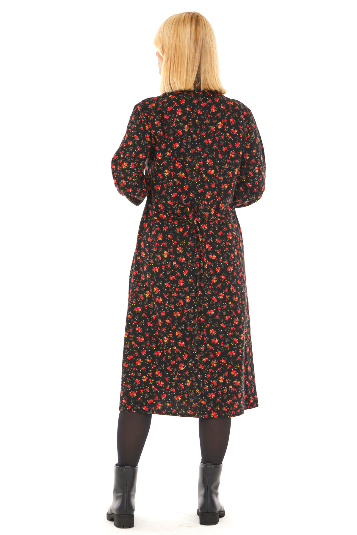 Pazen Siyah Çiçek Detay Midi Sonbahar Kış Elbise