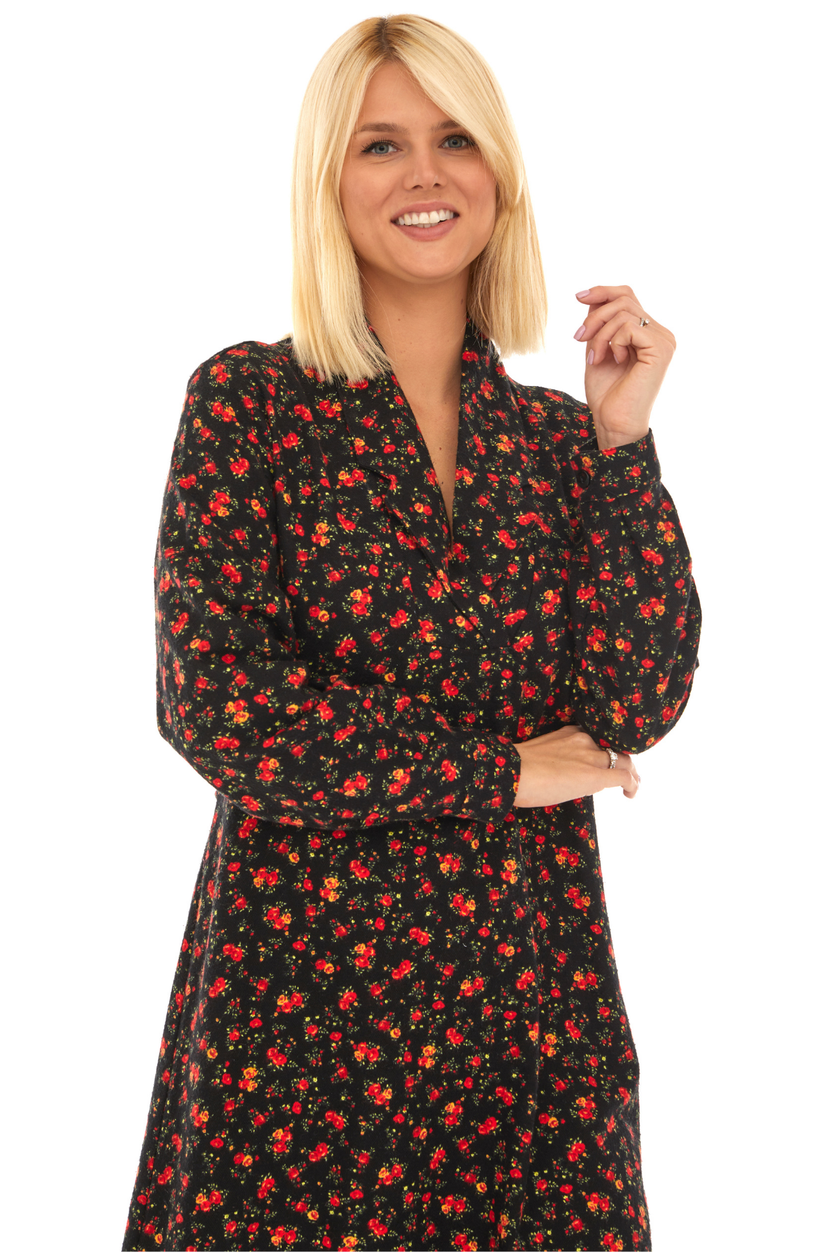 Pazen Siyah Çiçek Detay Midi Sonbahar Kış Elbise