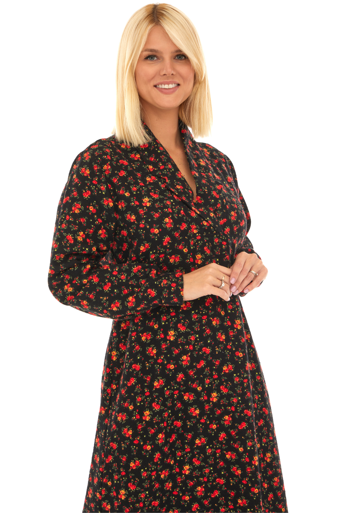 Pazen Siyah Çiçek Detay Midi Sonbahar Kış Elbise