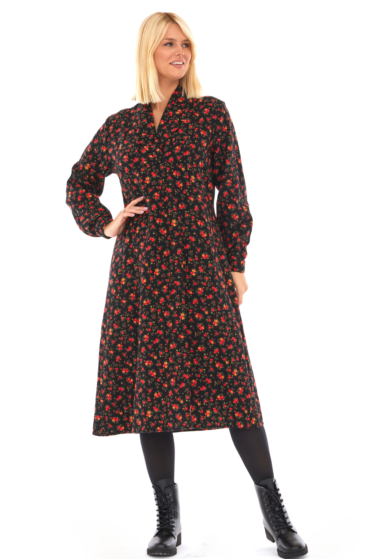 Pazen Siyah Çiçek Detay Midi Sonbahar Kış Elbise