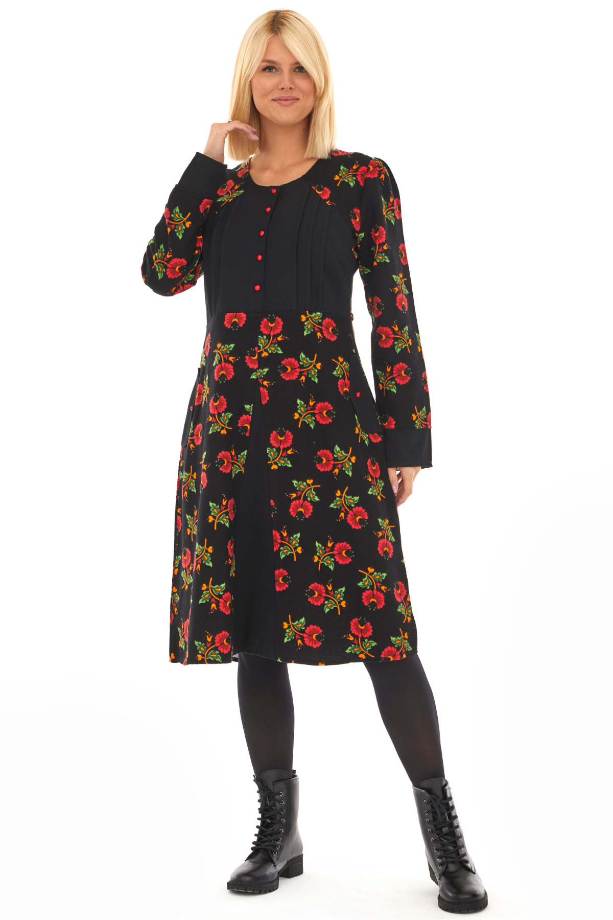 Pazen Siyah Çiçekli Sonbahar ve Kışlık Elbise