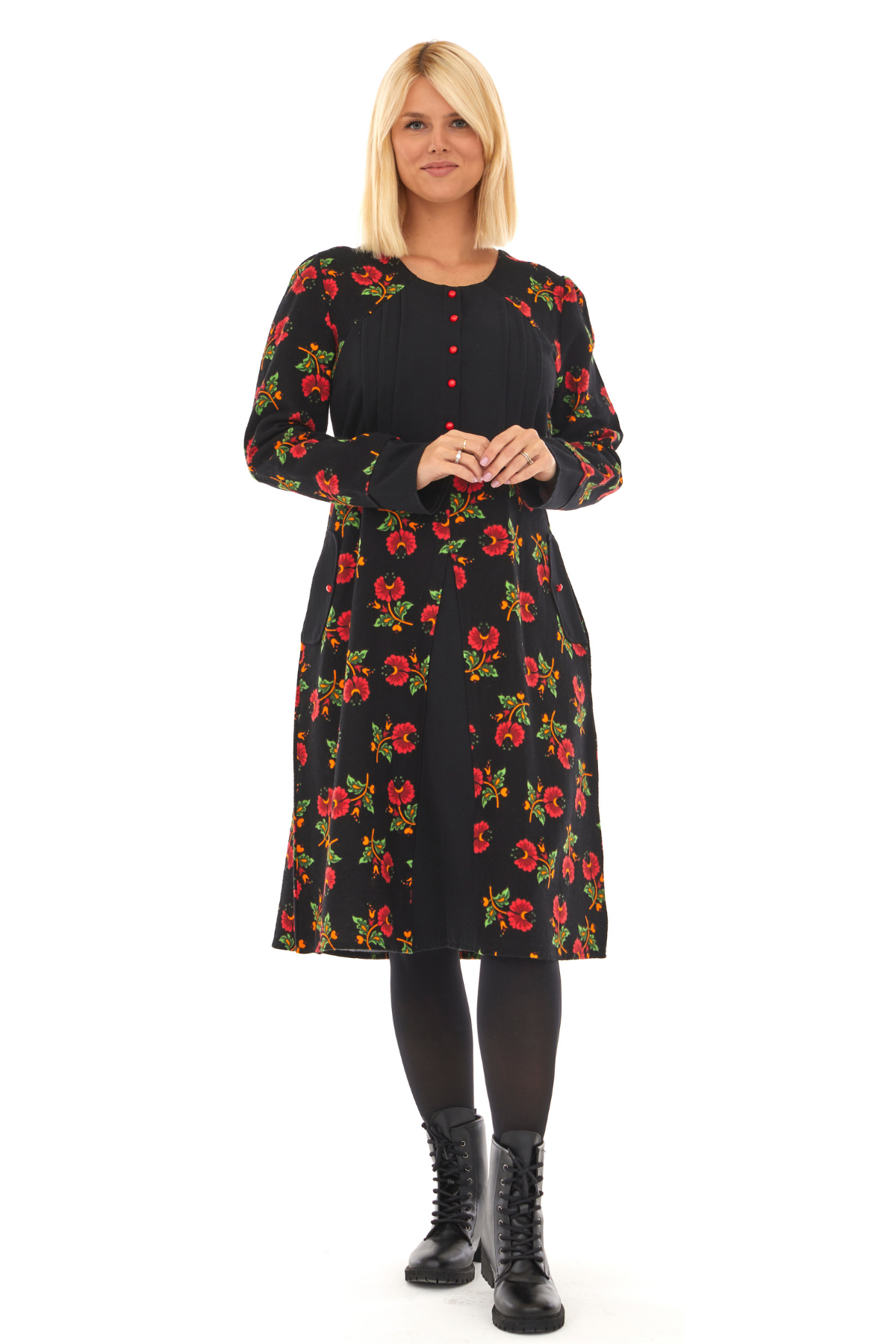 Pazen Siyah Çiçekli Sonbahar ve Kışlık Elbise