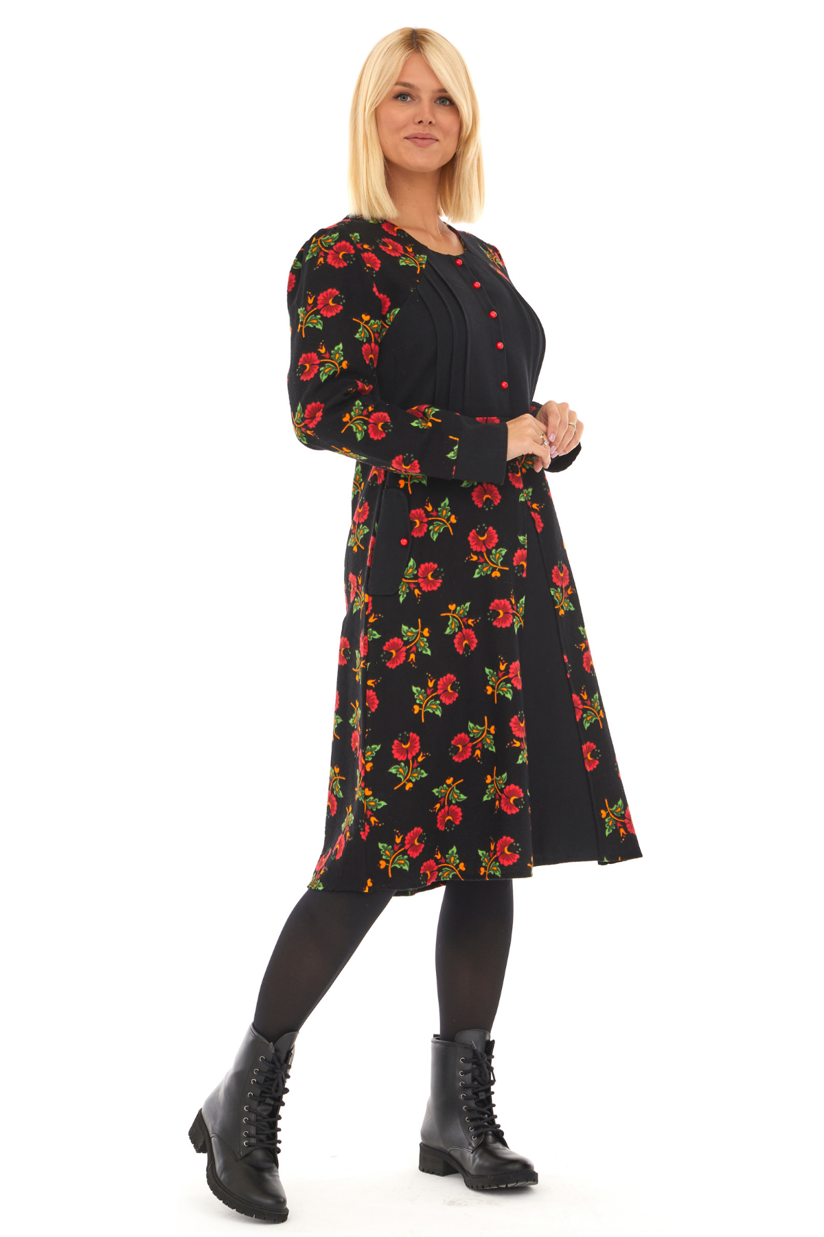 Pazen Siyah Çiçekli Sonbahar ve Kışlık Elbise